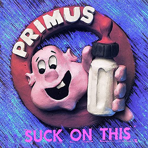 Claymation image of a pink creature holding a baby bottle, album cover.