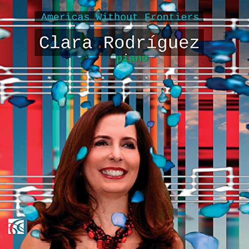 CD cover featuring pianist Clara Rodríguez with blue butterfly motifs.