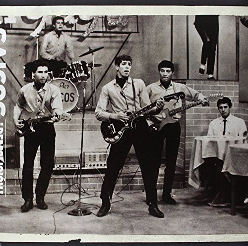 Black and white photo of a 1960s rock band performing onstage.