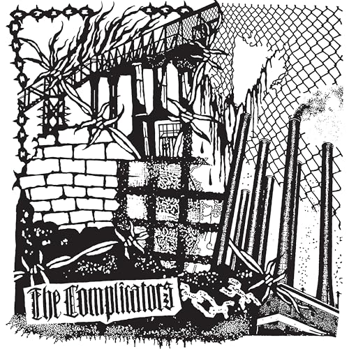 Black and white illustration of an industrial landscape with barbed wire and smokestacks.