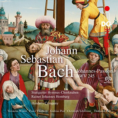 CD cover depicting the crucifixion of Jesus, with text "Johann Sebastian Bach".