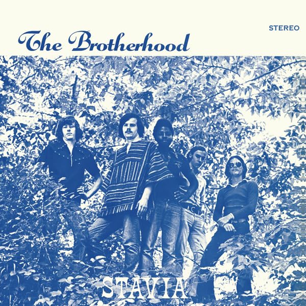 Album cover for “Stavia” by The Brotherhood, five men in a blue-toned forest.
