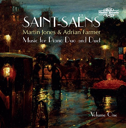 CD cover for Saint-Saëns piano music with a painting of a rainy street.