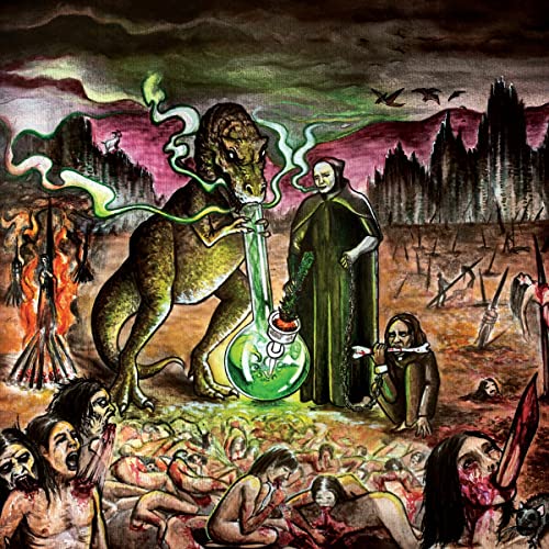 Surreal album cover depicting a dinosaur, hooded figure, and chaotic scene.