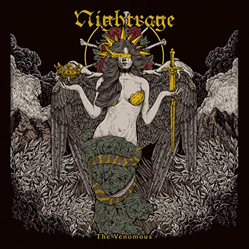 Nightrage album cover: winged figure with crown, sword, and snake.