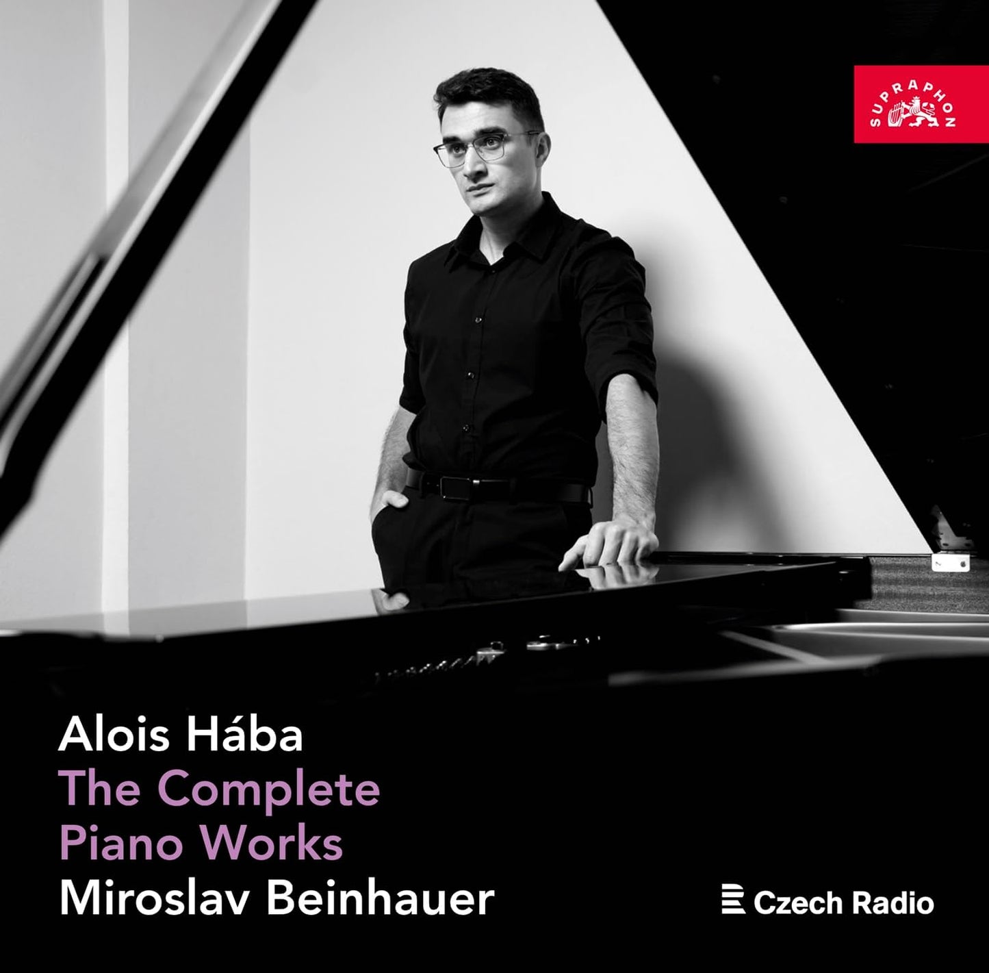 Pianist Miroslav Beinhauer in black shirt, album cover for Alois Haba.
