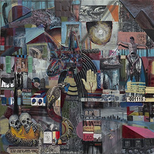 Collage of fragmented images featuring a horse head, hand, and skull.