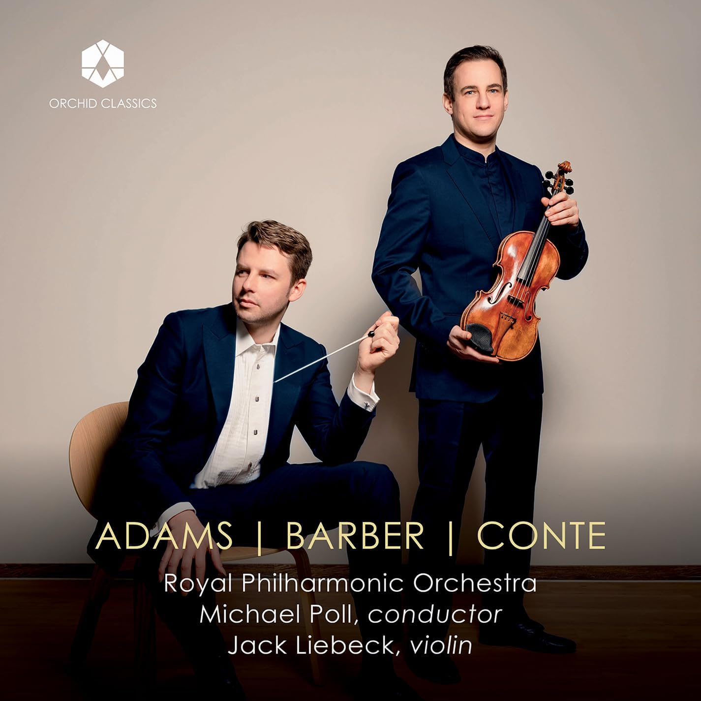 CD case featuring Jack Liebeck with musicians Adams, Barber, and Conte.