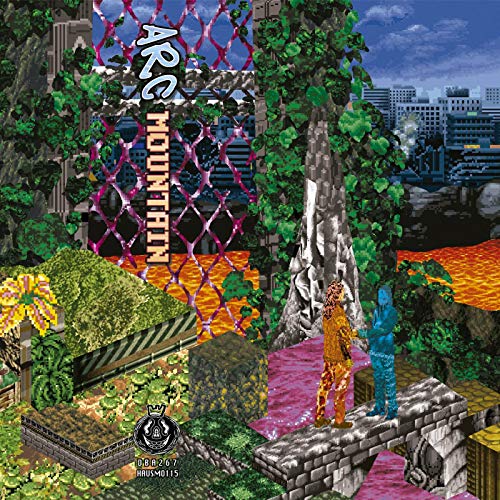 Pixelated landscape with figures, lava, and a city in the background.