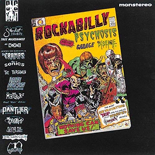 Record cover: "Rockabilly Psychosis" with comic book-style illustration.