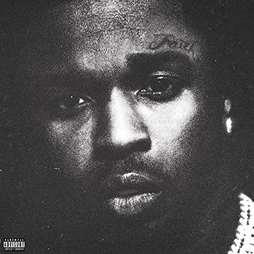 Black and white portrait of Pop Smoke, close-up, with parental advisory.