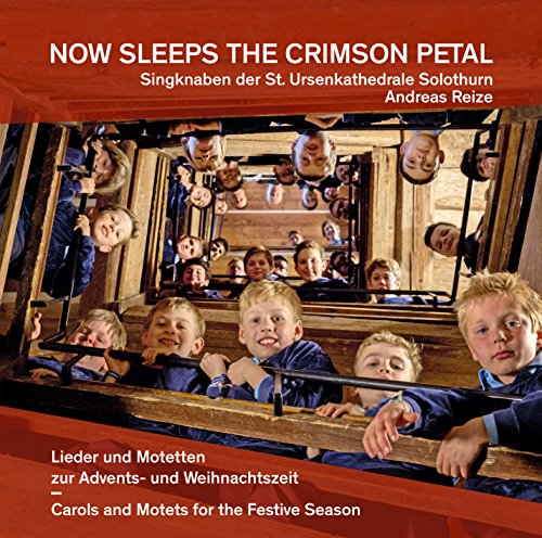 CD cover: boys choir in blue robes looking down from wooden stairs.