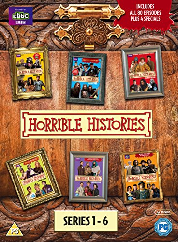 DVD box set cover for Horrible Histories Series 1-6 featuring six framed character images.