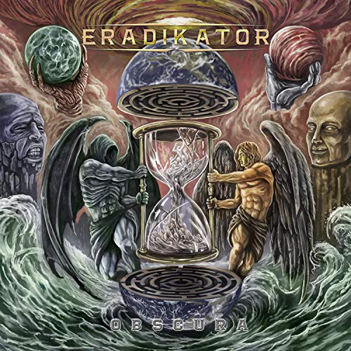 CD cover for Eradikator’s "Obscura" featuring figures, hourglass, and planetary imagery.