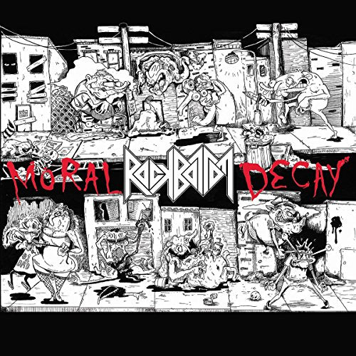 Black and white album cover with grotesque figures in a city scene.