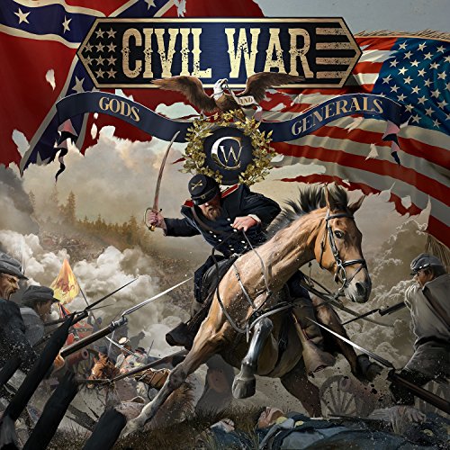 Civil War painting of a soldier on horseback amidst battle.