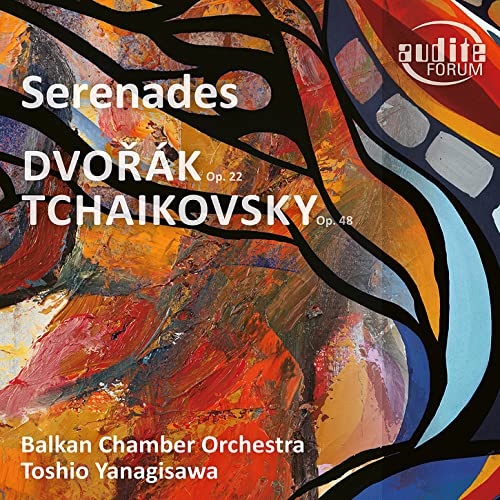 CD cover for Dvořák and Tchaikovsky serenades, abstract art background.