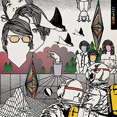 CD cover with illustrated faces, birds, and a space helmet.