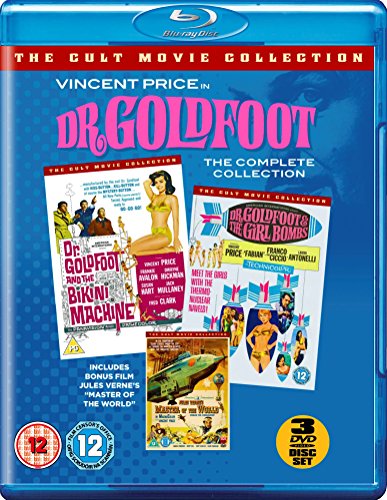 Blu-ray cover for The Dr. Goldfoot Collection featuring three movie posters on blue background.