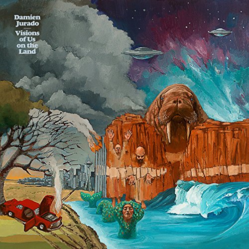 Painted album cover featuring a walrus, UFOs, and figures in a surreal landscape.