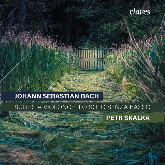 CD cover for Petr Skalka’s Bach cello suites, featuring a green landscape.