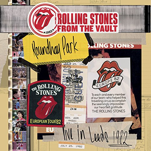 Rolling Stones "Live in Leeds 1982" album cover with collage imagery.