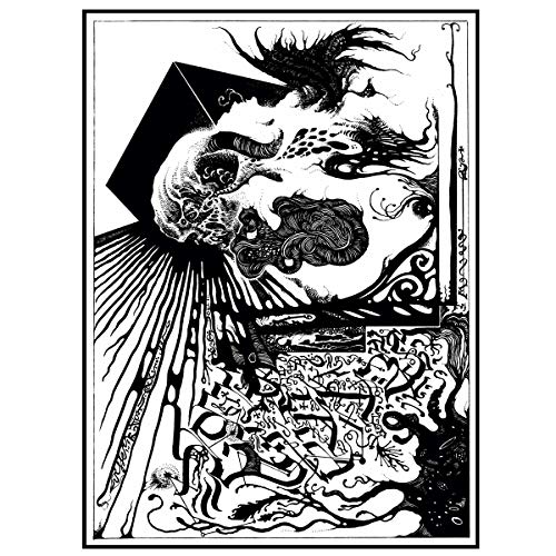 Black and white illustration of a skull, horns, and abstract shapes.
