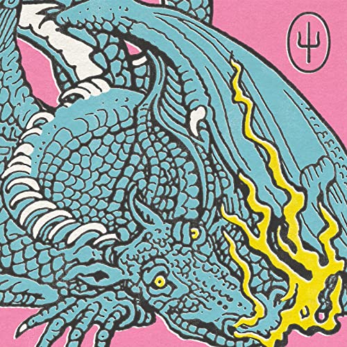 Scaled And Icy album cover: blue dragon illustration on pink background.
