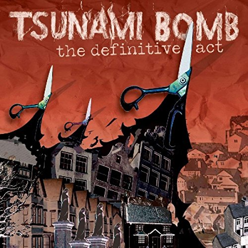 CD cover for Tsunami Bomb, featuring scissors cutting through buildings.