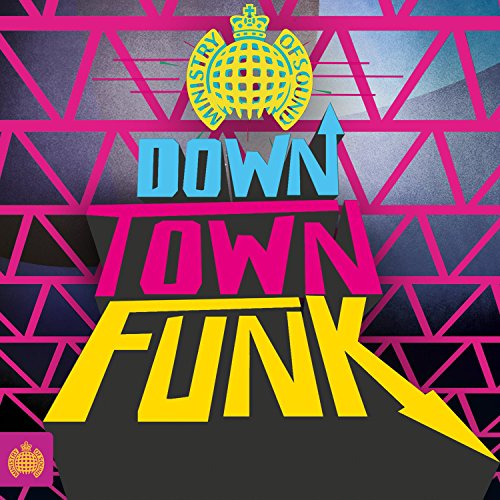 CD cover for “Downtown Funk” with neon geometric design and text.