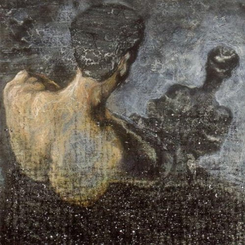Abstract painting of figures carrying a dark, textured object overhead.