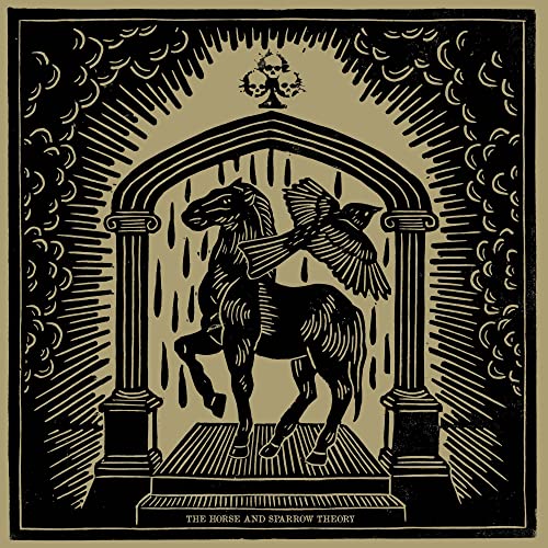 Black and gold illustration of a horse with a bird on its back.