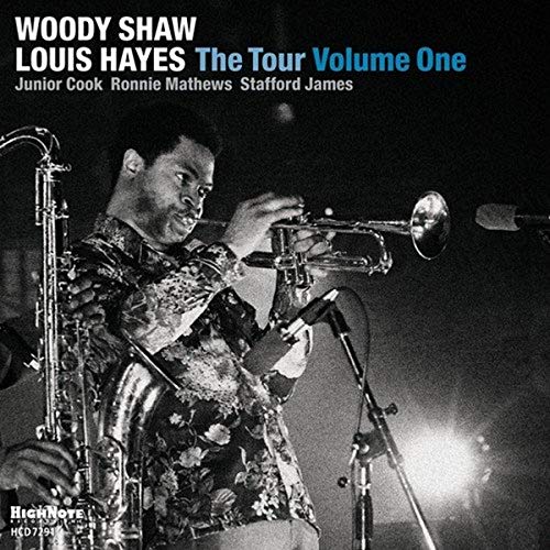Woody Shaw playing trumpet on stage, album cover for “The Tour.”