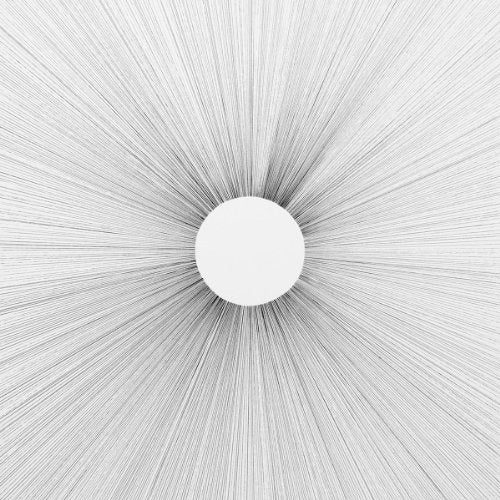 White circular design with radiating lines, resembling a burst or explosion.