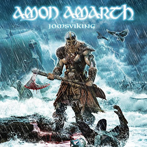 Viking warrior with axe amidst stormy seas and battling figures.