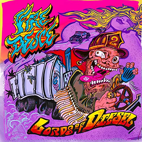 Cartoon illustration of a truck with a grinning driver, vibrant pink background.
