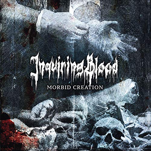 Dark album cover with skulls, a shrouded figure, and band name "Inquiring Blood".