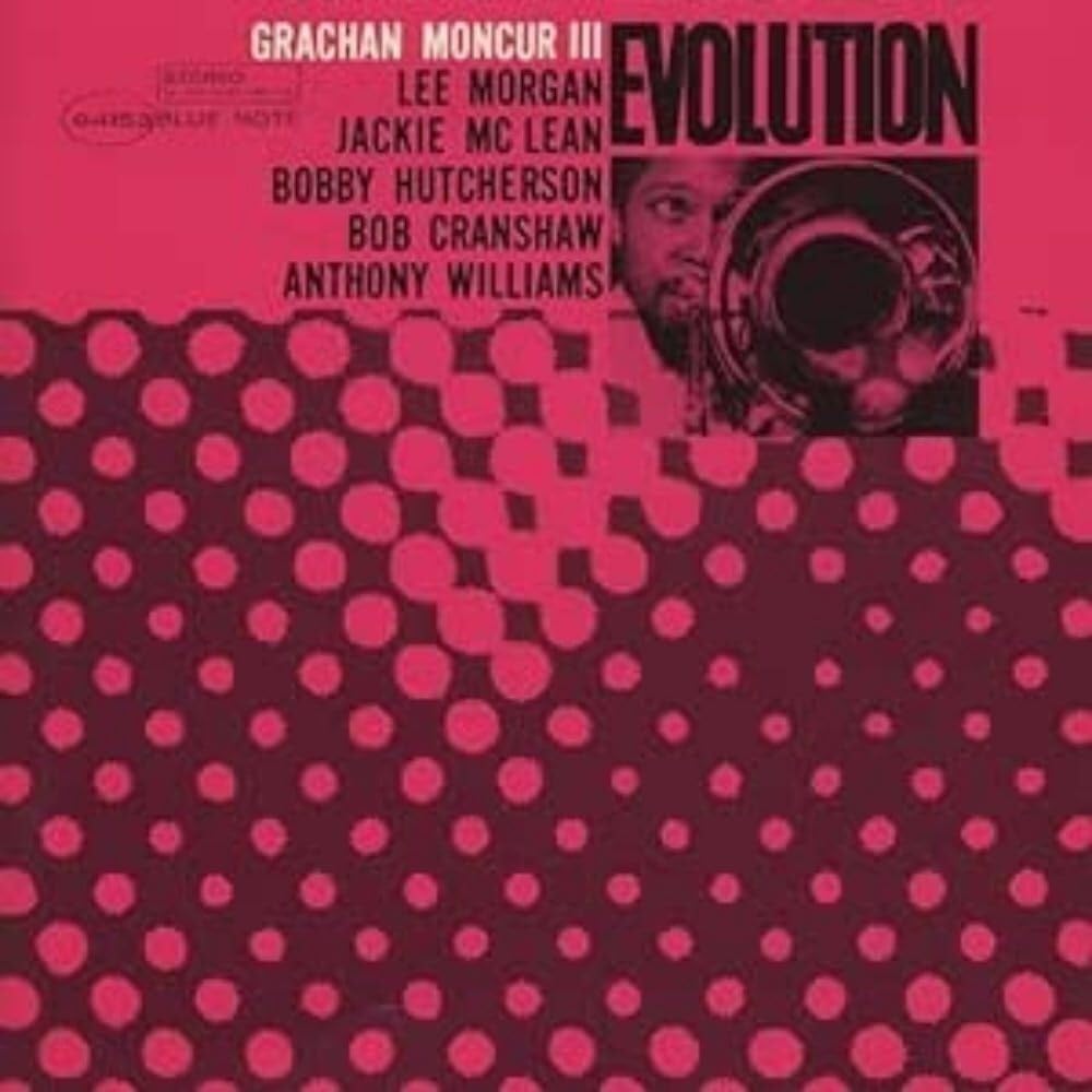 “Evolution” CD cover: Grachan Moncur III portrait with trombone, pink background.