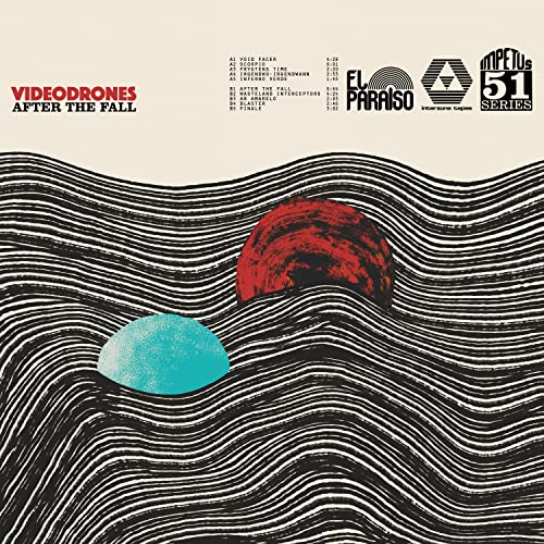 Vinyl record cover: black and white waves with a red sun and blue orb.