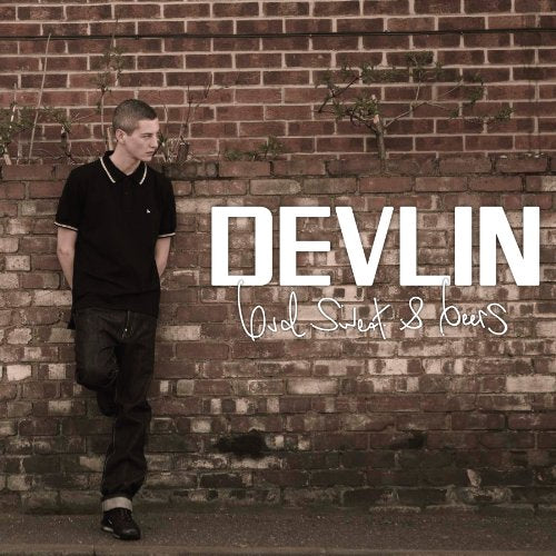 CD cover for Devlin’s “Bud, Sweat & Beers” featuring a man by a brick wall.