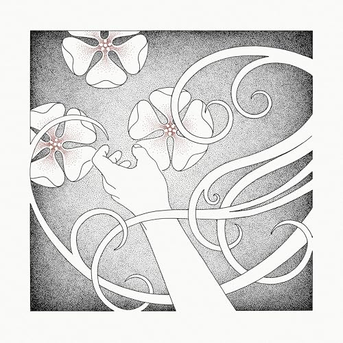 Black and white illustration of a hand with floral and swirling designs.