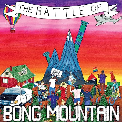 Album cover: colorful illustration of mountains, people, and vehicles.
