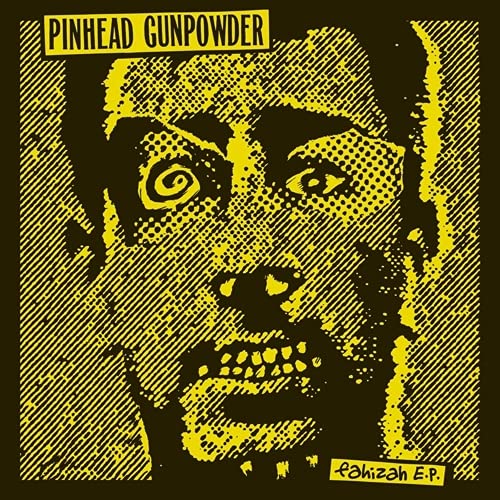 Yellow and black distressed portrait with intense, staring eyes.
