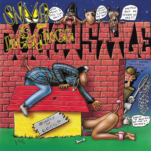 Cartoon album cover for Snoop Doggy Dogg’s “Doggystyle” featuring dogs and a doghouse.