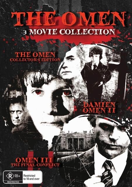 DVD cover for "The Omen" 3-movie collection, featuring faces and red imagery.