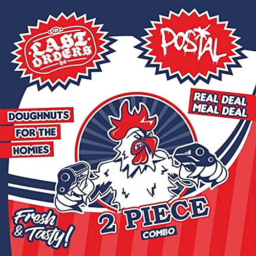 CD cover for "Last Orders / Postal" featuring a cartoon rooster and doughnuts.