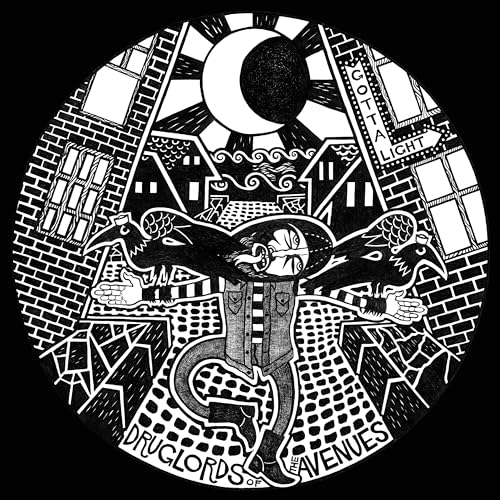Black and white illustration of a figure with a moon and city backdrop.