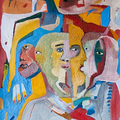 Abstract painting of fragmented faces in blues, yellows, and reds.