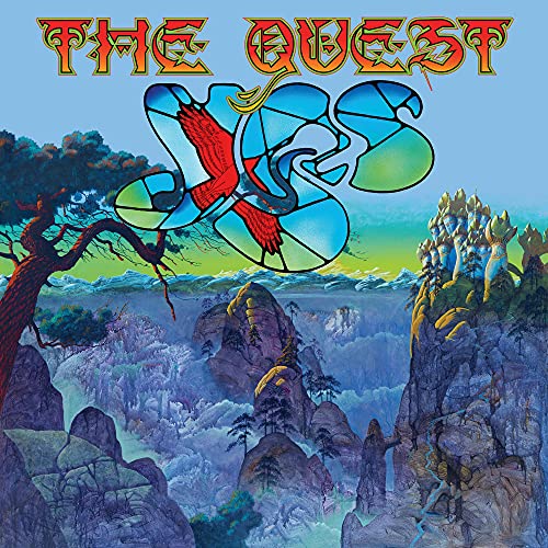 Album cover for Yes' "The Quest" featuring abstract art and landscape.