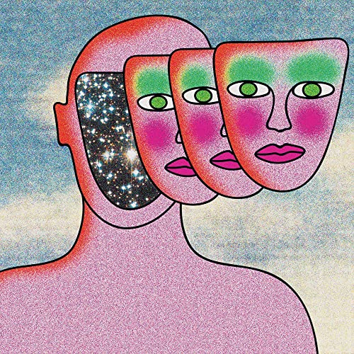 Colorful illustration of a head with floating, masked faces and a starry void.